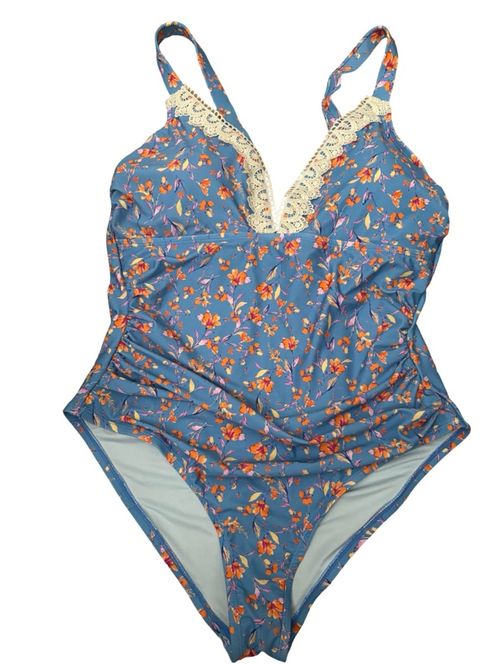 Cupshe Blue Orange Floral Lace Plunge One Piece Swimsuit Tummy Control NWOT